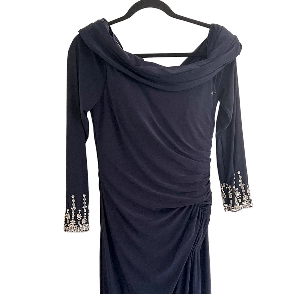 NEW MAC DUGGAL One Shoulder Midnight Blue Long Sleeve Jersey Gown size 4 - Picture 5 of 9